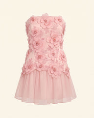Flower Embroidered Strapless Floral Mini Dress - Pink