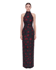 Floral Jacquard Halter Open-Back Maxi Dress - Black & Red