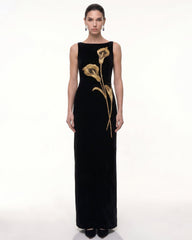 Calla Lily Embellished Velvet Column Maxi Dress - Black