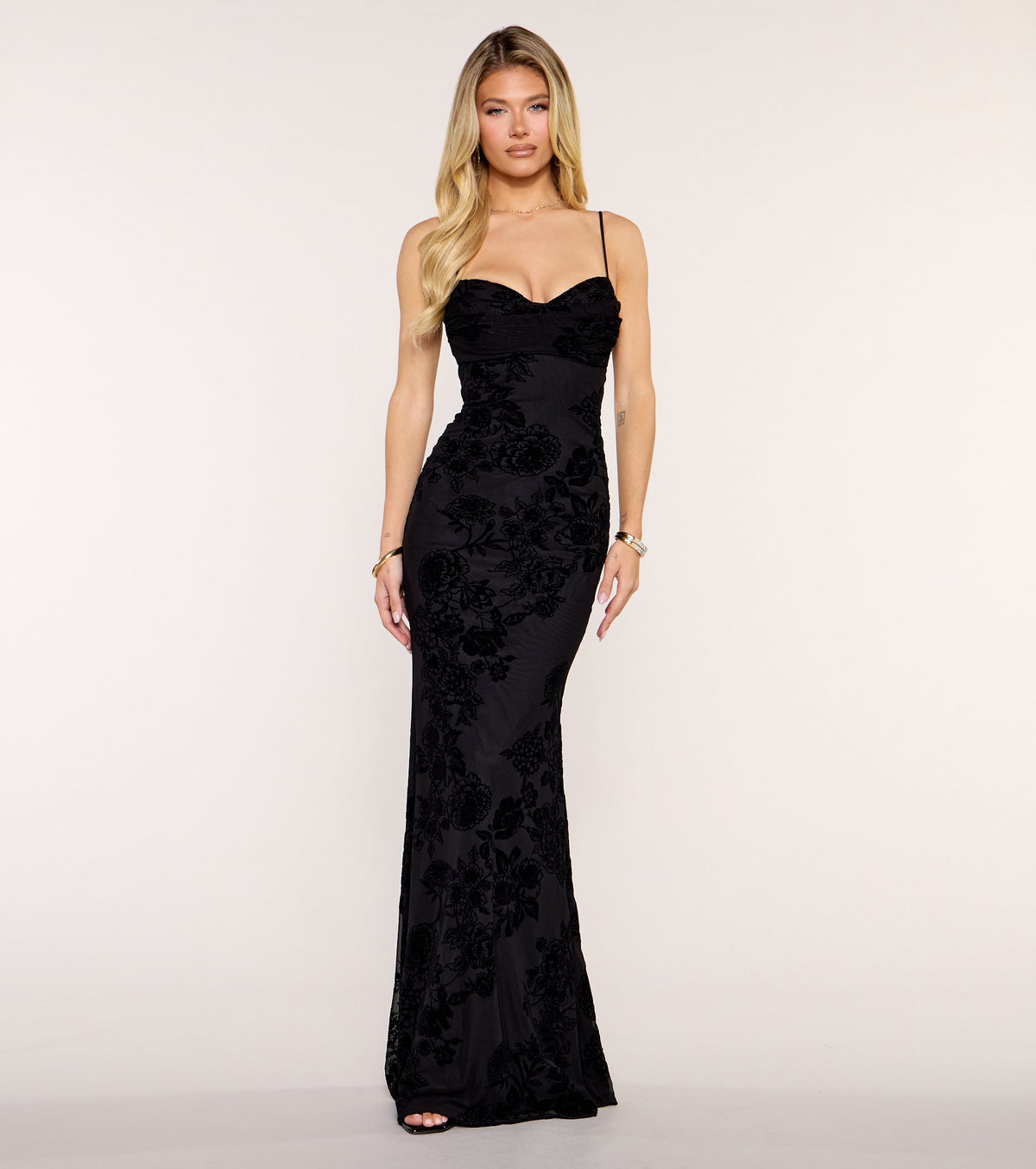 Calithea Flocked Floral Mesh Mermaid Formal Dress