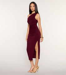 Sleek Angle One-Shoulder Side Slit Bodycon Midi Dress