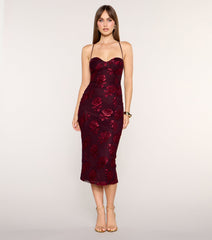 Rose Trace Rhinestone Lace-Up Bodycon Midi Dress