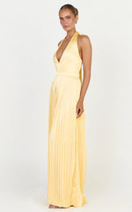 Kayla Maxi Dress - Plunge Neckline Pleated Halter Dress in Butter Yellow