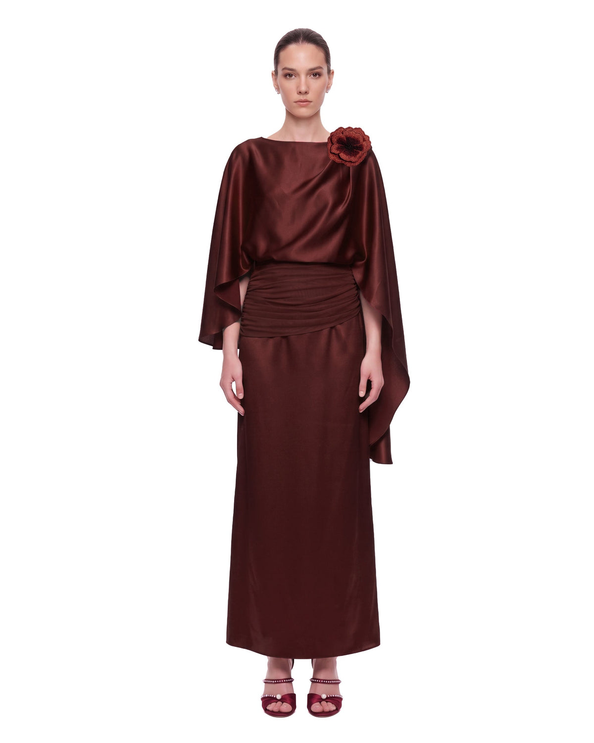 3D Floral Draped Cape Maxi Dress - Deep Burgundy