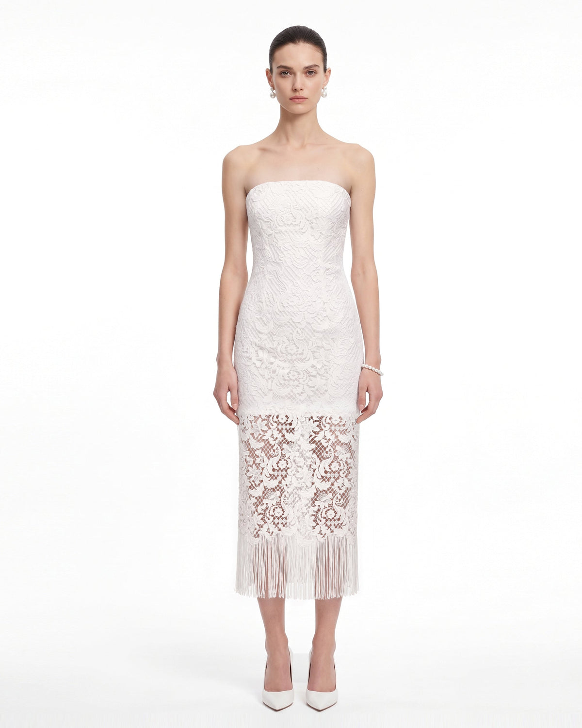 Strapless Lace Fringe Midi Dress - Ivory