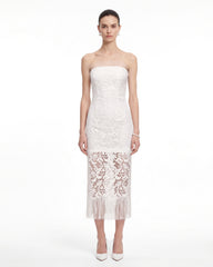 Strapless Lace Fringe Midi Dress - Ivory