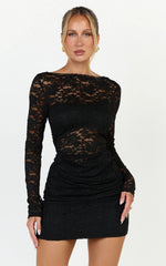 Skye Mini Dress - Lace Long Sleeve Draped Skirt Dress in Black