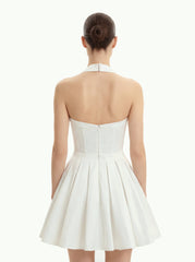 Pleated Bustier Halter Mini Dress - White