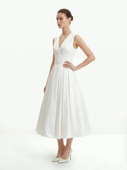 Front V-Neck Pleated Midi Dress - White