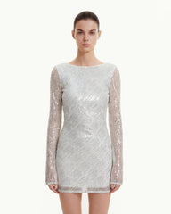 Diagonal Sequin Open-Back Long Sleeve Mini Dress - White