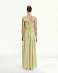 Ruched One-Shoulder Maxi Dress with Trailing Sash - Green