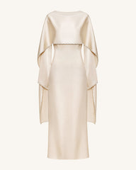 198Pearl-Trimmed Cape Sleeve Boat Neck Maxi Gown-Cream