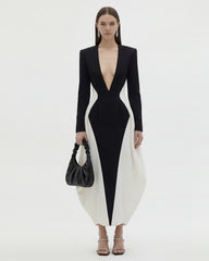 Monochrome Paneled Plunging V-Neck Long-Sleeve Maxi Dress - Black