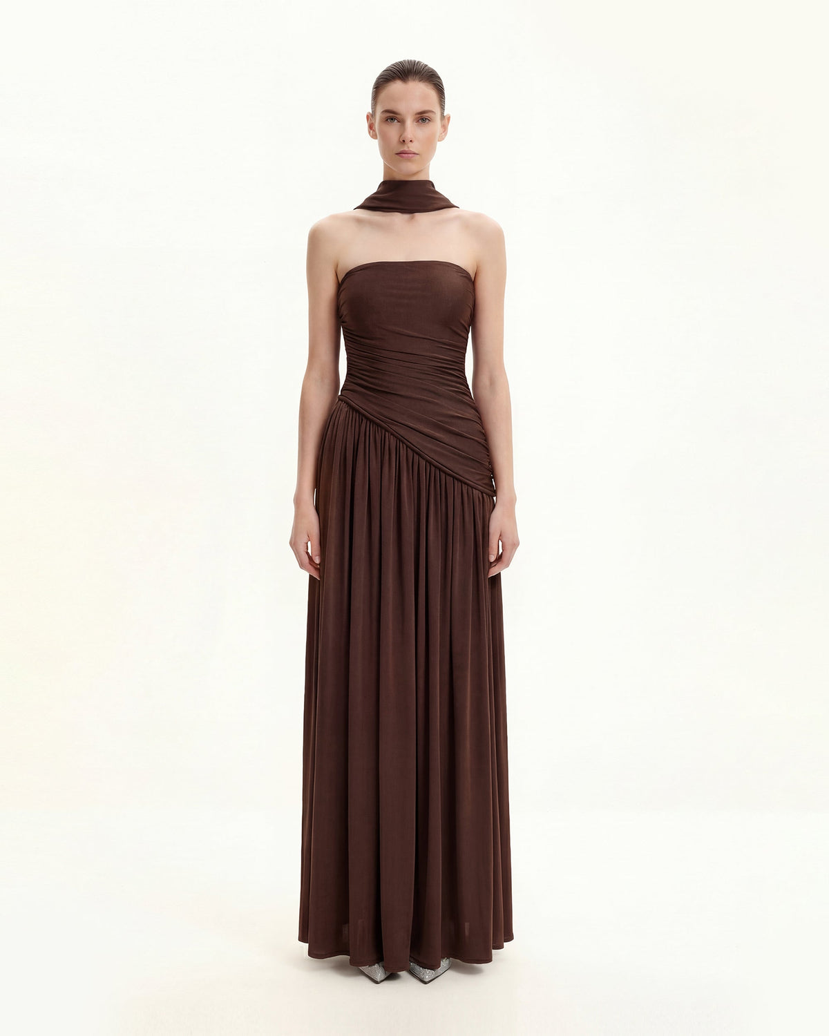Ruched Panel Strapless Maxi Dress - Brown