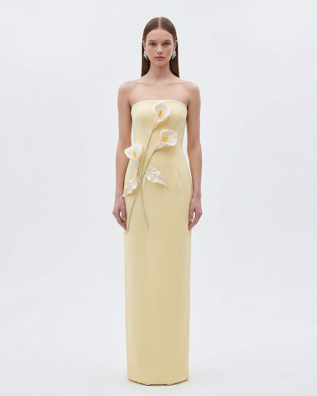 Floral Appliqué Strapless Dress - Yellow
