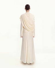Sheer Shawl Ruched Bodycon Maxi Gown - Cream