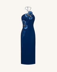 Iris Embroidered Halter Midi Dress - Navy Blue