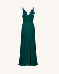 Iris Embroidered Pleated V-Neck Maxi Dress - Emerald Green