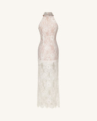 Jeweled Lace Halter Dress - White