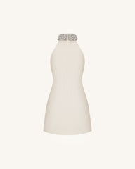 Jeweled Halter Iris Motif Dress - Ivory/Pink
