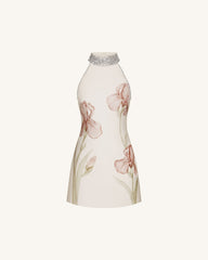 Jeweled Halter Iris Motif Dress - Ivory/Pink