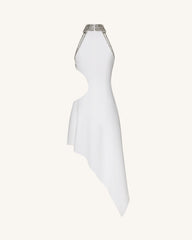 Jeweled Floral Cutout High Neck Dress - White