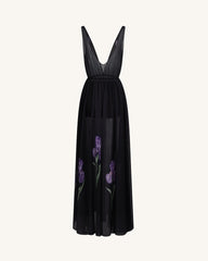 Sheer Floral Print Maxi Dress - Black