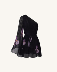 One Shoulder Floral Mesh Dress - Black