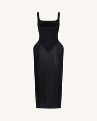 Square Neck Pannier Midi Dress - Black