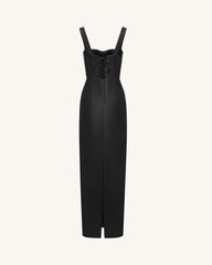 Iris Floral-Print Strappy Corset Leather Maxi Dress - Black