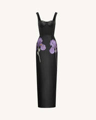 Iris Floral-Print Strappy Corset Leather Maxi Dress - Black