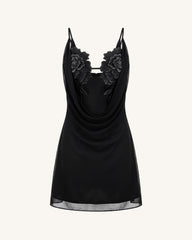Flower Embroidered Cowl Neck Mini Dress - Black