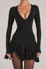 V-Neck Ruffle Skirt Mini Dress in Black