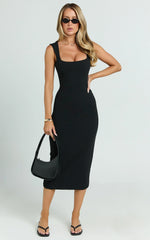 Stella Midi Dress - Square Neck Cap Sleeve Fitted Dress in Black