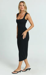 Stella Midi Dress - Square Neck Cap Sleeve Fitted Dress in Black