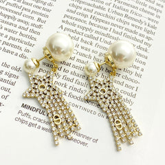 CD 26S Star Crystal Fringe Pearl Earrings In Gold Tone Metal 631052