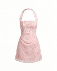 Orchid Beaded Embroidered Square Neck Halter Mini Dress - Blush Pink