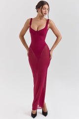 Wine Stretch Mesh Maxi Dress