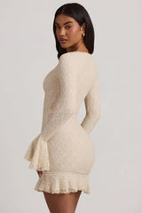 Long-Sleeve Ruffled Lace Mini Dress in Ivory