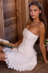 white strapless custom lace broderie anglaise mini dress