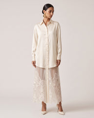 Satin Phalaenopsis Orchid Embroidery Long Shirt Dress - Ivory White