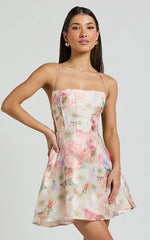 Odessa Mini Dress - Straight Neck Backless Tie Back Shift Dress in Pink Jacquard