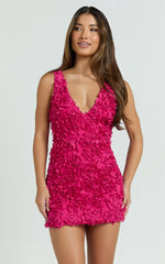 Viola Mini Dress - 3D Floral Plunge Neck Dress in Pink