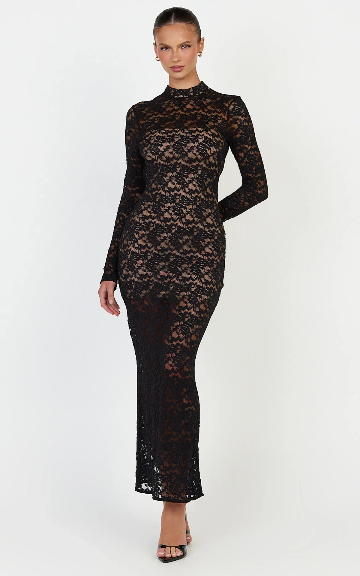Emma Midi Dress - Long Sleeve Open Back Fitted Dress in Black