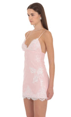 Lace Sequin Plunge Mini Dress in Pink
