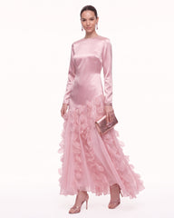 3D Floral-Trim Satin Maxi Dress - Blush