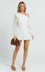 Hayes Mini Dress - Off Shoulder Bellow Top Flip Skirt Dress in White