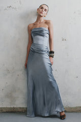 Jasmine Strapless Satin Maxi Dress - Frosted Blue