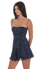 Textured Floral A-line Dress in Navy