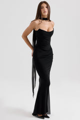 Black Mesh Maxi Skirt With Fluted Hem
